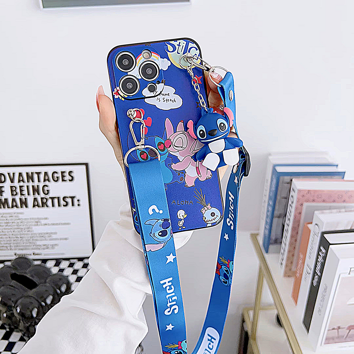 Funda Stitch con correa de soporte y cuerda para iPhone