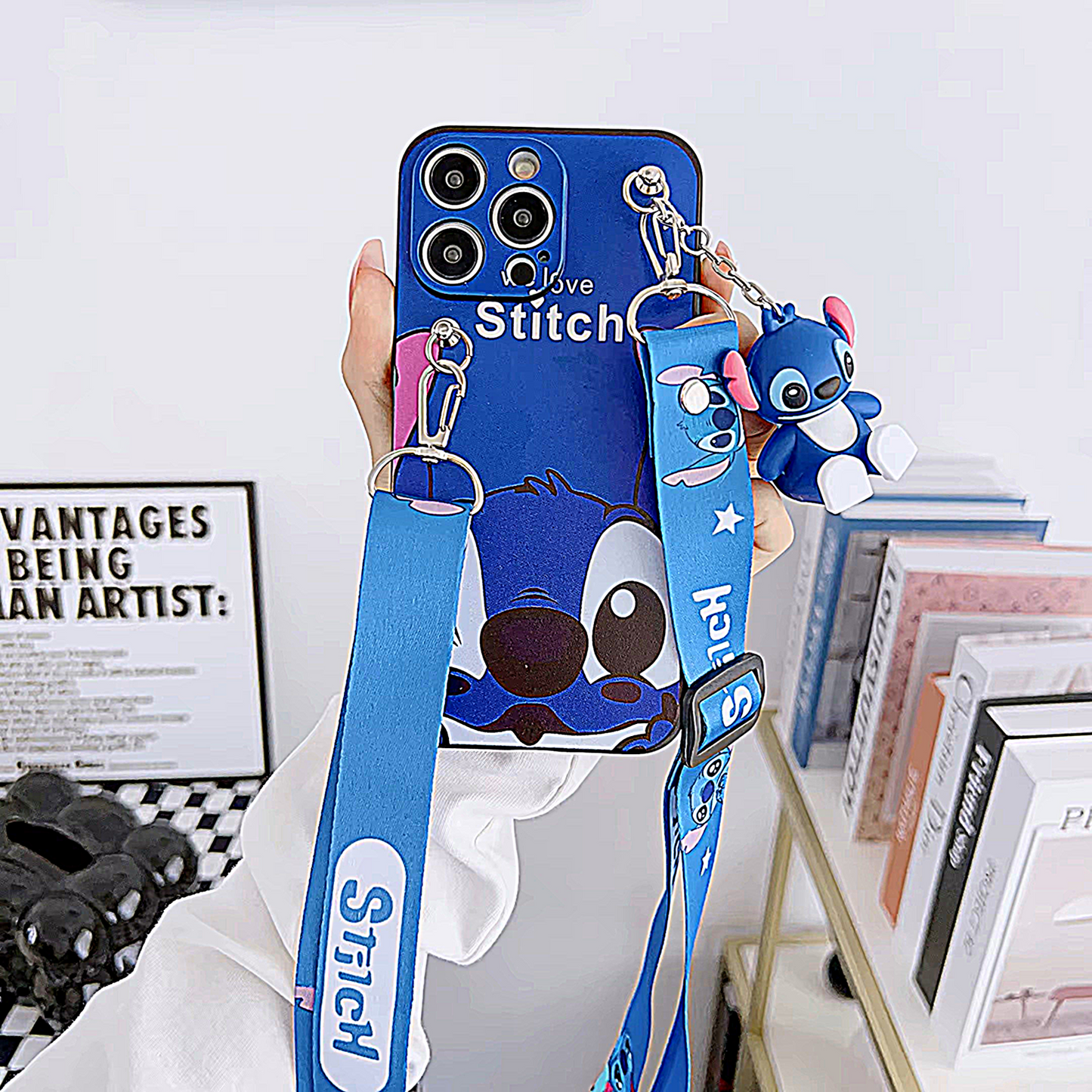 Funda Stitch con correa de soporte y cuerda para iPhone
