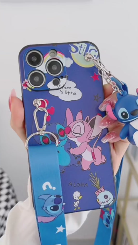 Funda Stitch con correa de soporte y cuerda para iPhone